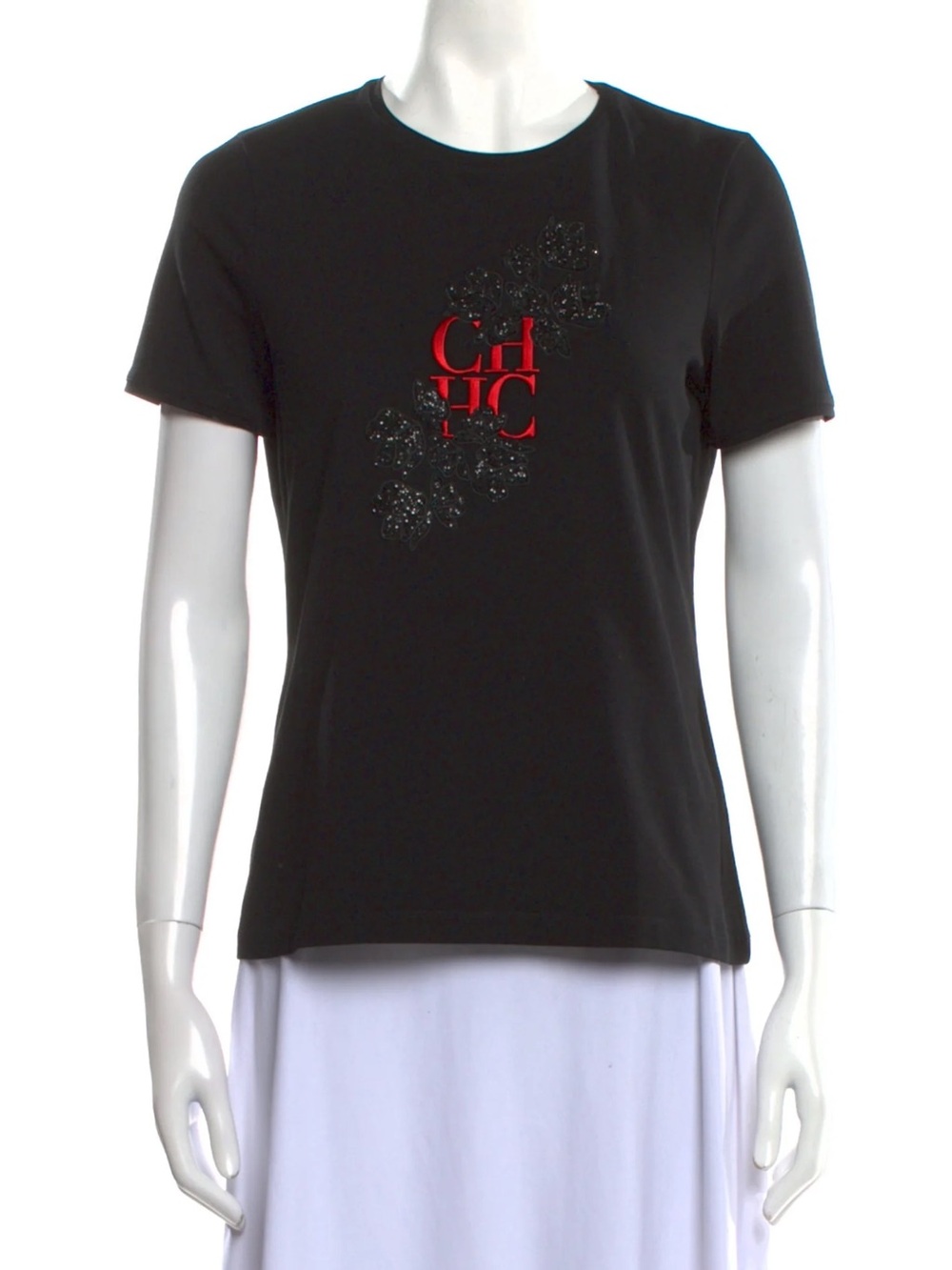 Carolina Herrera Black Short-Sleeve Tee with Red CH Logo
